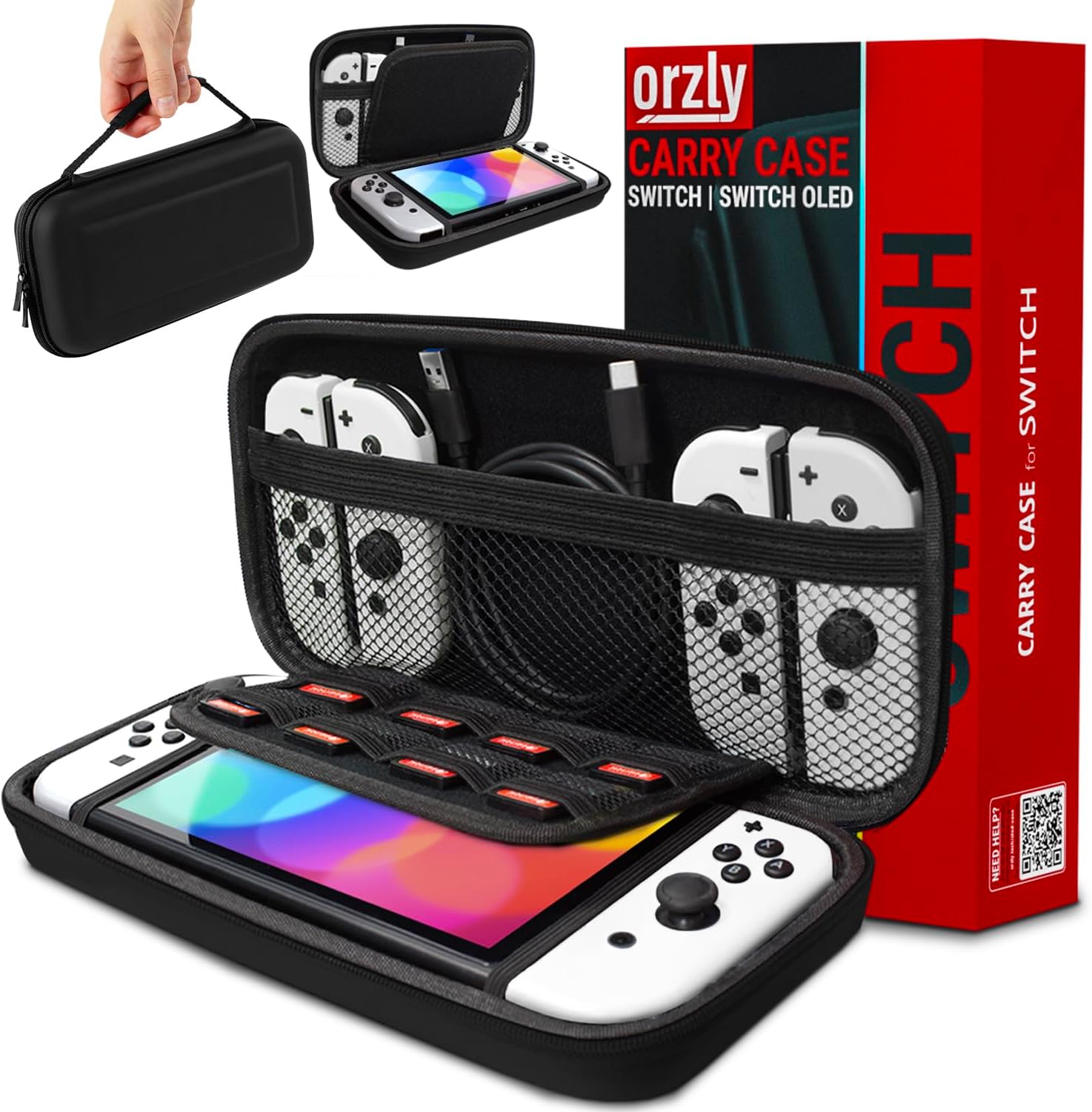 Orzly Tragetasche Kompatibel mit Nintendo Switch und New Switch OLED-Konsole - Schwarze schützende Hülle, harte tragbare Reisetasche mit Taschen für Zubehör und Spiele*
